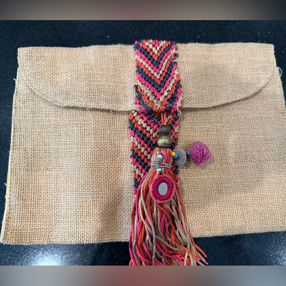 Handcrafted Tan Clutch with Multicolor Accents